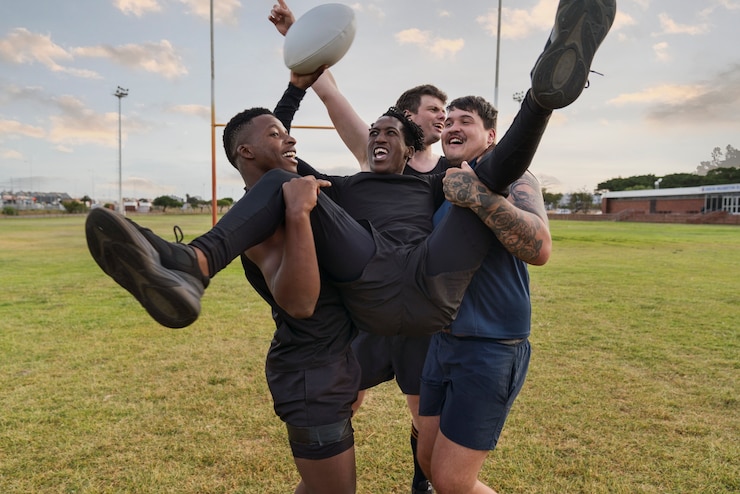 Foto gratuito atleti maschi che giocano a rugby sul campo