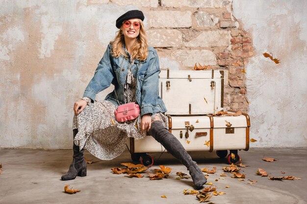 Attraente donna bionda alla moda in jeans e giacca oversize in posa contro il muro in strada