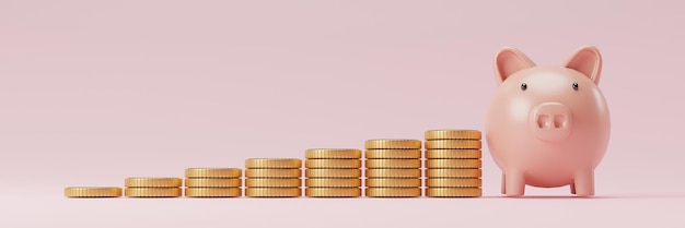 Aumentare l'impilamento delle monete con il salvadanaio rosa per la progettazione di banner web e il risparmio di denaro del deposito di crescita del concetto di investimento aziendale mediante l'illustrazione di rendering 3d