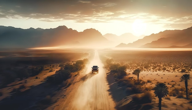 Auto che viaggia attraverso la strada polverosa del deserto sotto il sole