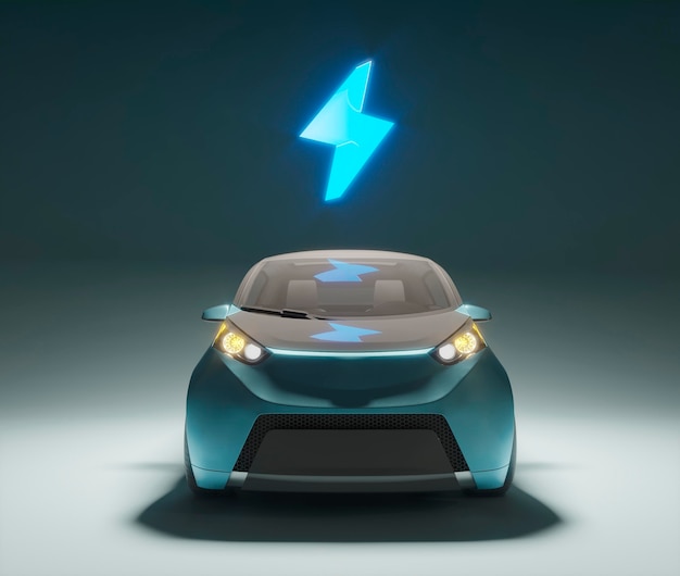 Auto elettrica 3d con il simbolo della batteria carica