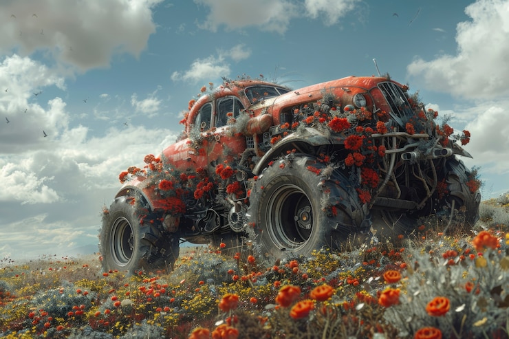 Foto gratuito auto fuoristrada in una scena di fantasia