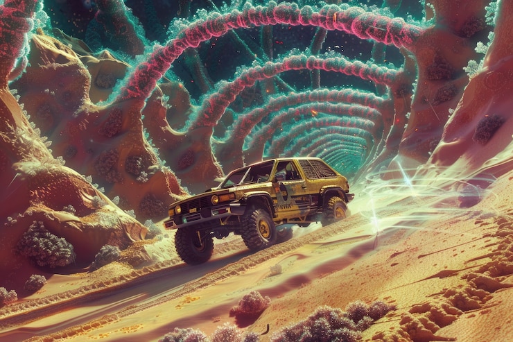 Foto gratuito auto fuoristrada in una scena di fantasia