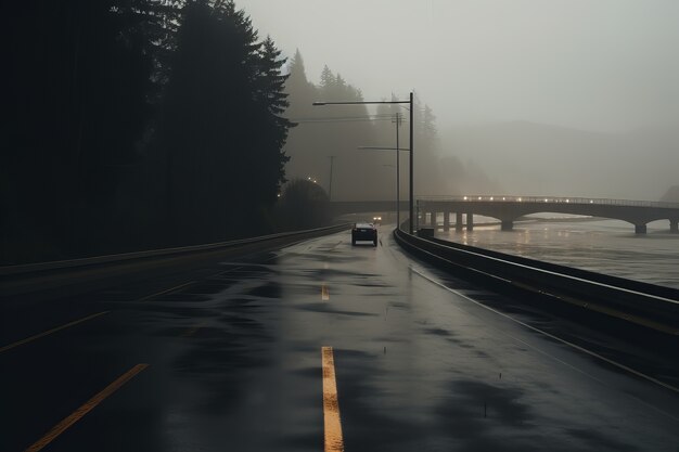 Auto su strada deserta in un'atmosfera buia
