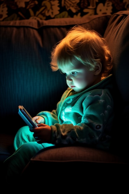 Avvicinarsi al bambino che usa il dispositivo intelligente di notte