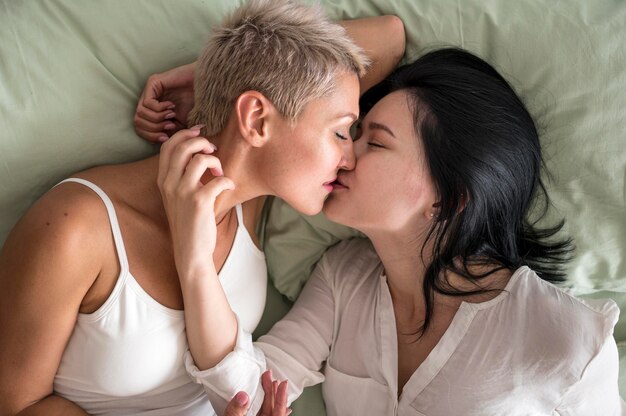 Baciare delle coppie lesbiche di vista superiore