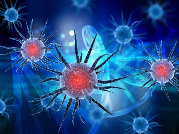 background medico con cellule virali su filamenti di DNA