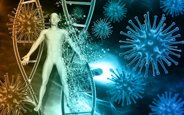 Background medico con le cellule del sangue cellule del virus astratto 3D e figura maschile pixelating