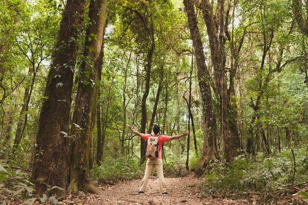 Backpacker estende armi