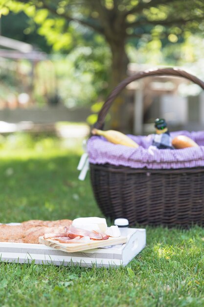 Bacon; formaggio e pane sul vassoio sopra l&#39;erba