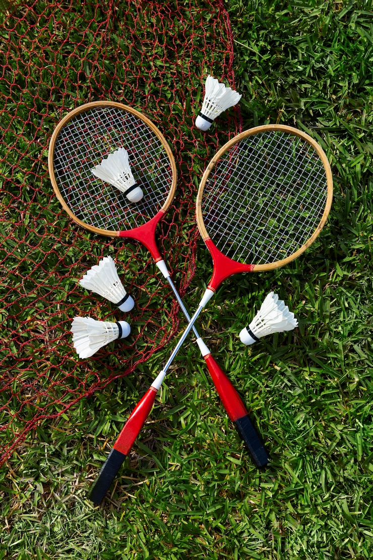 Foto gratuito badminton imposta la natura morta piatta