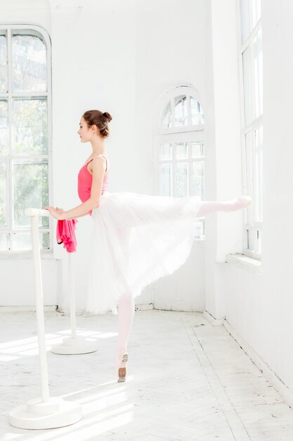 Ballerina che posa in scarpe da punta al padiglione di legno bianco