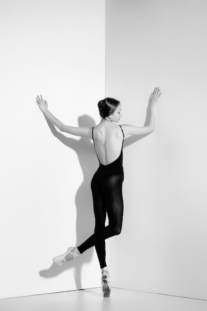 Ballerina in attrezzatura nera che posa sulle scarpe del pointe, fondo dello studio.