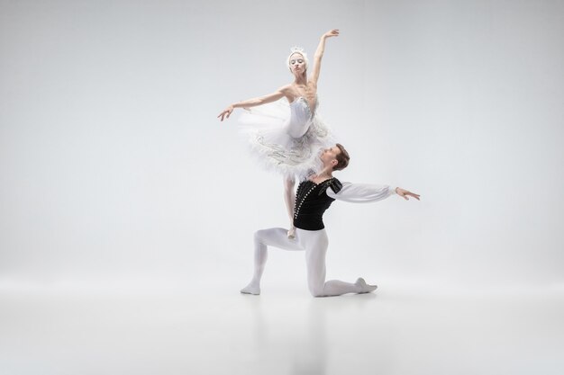 Ballerini di balletto classico grazioso che ballano coppia in vestiti bianchi teneri come caratteri di un cigno bianco. La grazia, l'artista, il movimento, l'azione e il concetto di movimento.