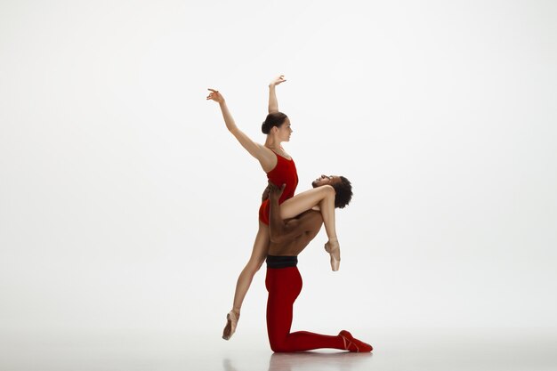 Ballerini di balletto classico grazioso che ballano isolati su priorità bassa bianca dello studio. Coppia in abiti rosso vivo come una combinazione di vino e latte. La grazia, l'artista, il movimento, l'azione e il concetto di movimento.