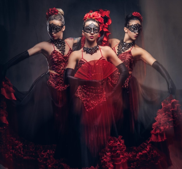 Ballerini seducenti spagnoli di flamenco che indossano il costume tradizionale. Isolato su uno sfondo scuro.