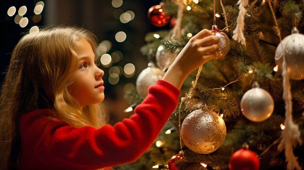 Bambina che decora l'albero di Natale