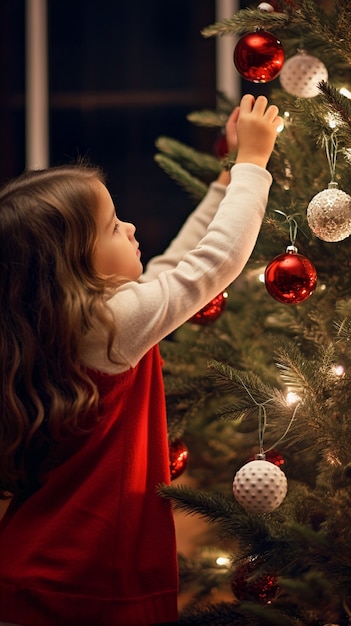 Bambina che decora l'albero di Natale