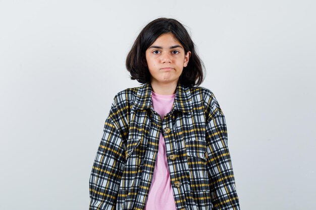 Bambina che guarda l'obbiettivo in camicia, giacca e sembra calma, vista frontale.