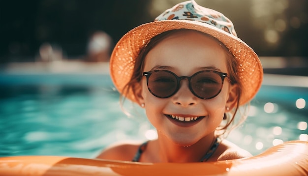 Bambina che nuota in piscina con galleggiante e occhiali da sole generati dall'intelligenza artificiale