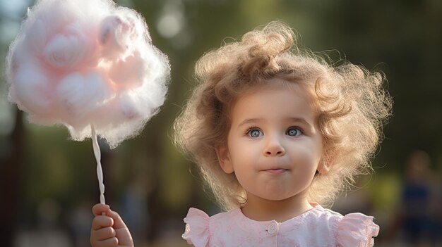 Bambina con zucchero filato su un bastone nel parco