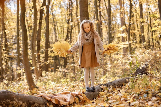 Bambina in abiti di moda che cammina nella foresta d'autunno. Ragazza che tiene foglie gialle. Ragazza che indossa un vestito marrone e un cappotto.