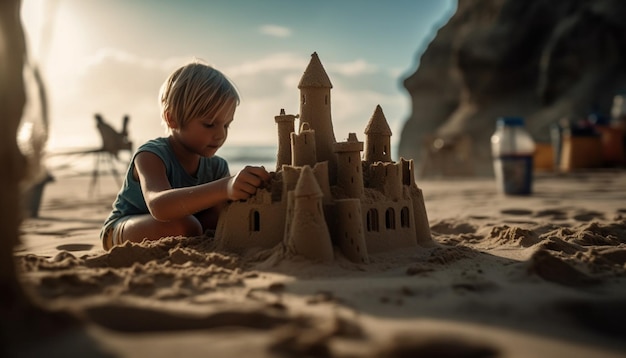 Bambini carini che costruiscono castelli di sabbia sulla spiaggia generati dall'intelligenza artificiale