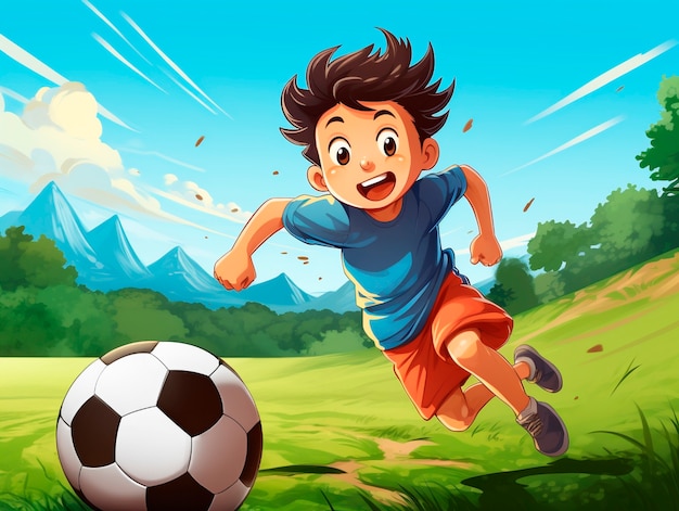 Bambini che giocano a calcio in cartone animato