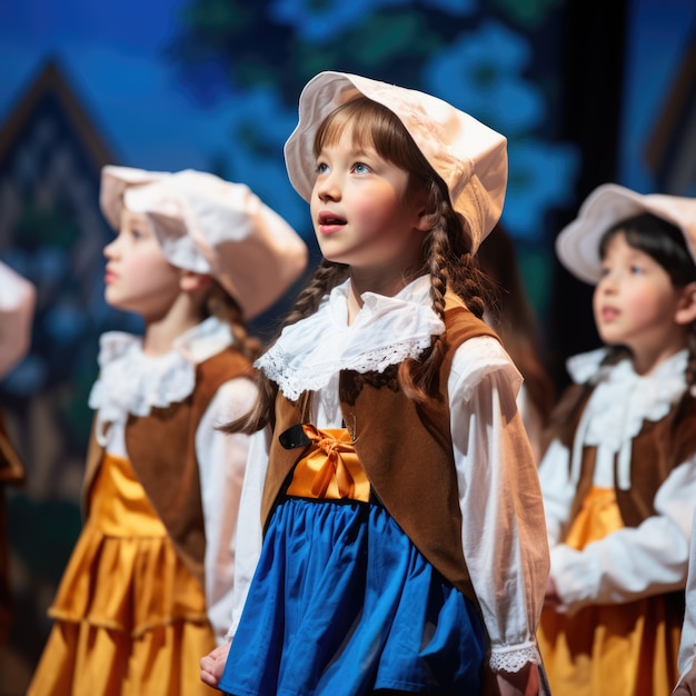 Bambini che recitano su un palcoscenico per celebrare la Giornata Mondiale del Teatro