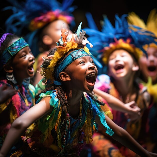 Bambini che recitano su un palcoscenico per celebrare la Giornata Mondiale del Teatro