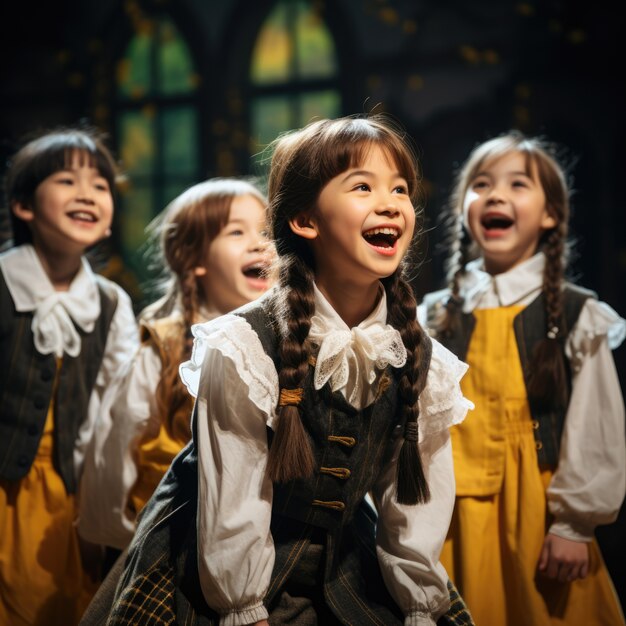 Bambini che recitano su un palcoscenico per celebrare la Giornata Mondiale del Teatro