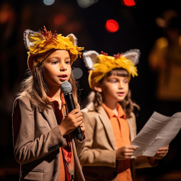 Bambini che recitano su un palcoscenico per celebrare la Giornata Mondiale del Teatro