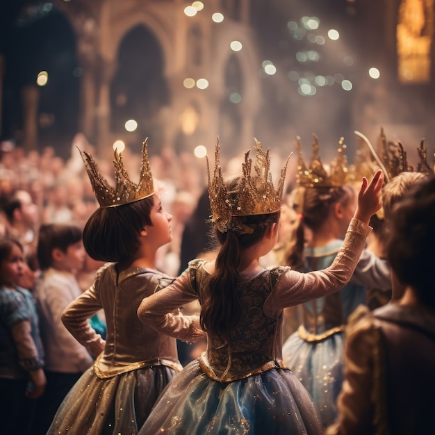 Bambini che recitano su un palcoscenico per celebrare la Giornata Mondiale del Teatro