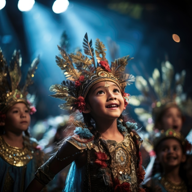 Bambini che recitano su un palcoscenico per celebrare la Giornata Mondiale del Teatro