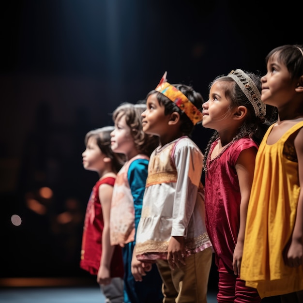 Bambini che recitano su un palcoscenico per celebrare la Giornata Mondiale del Teatro