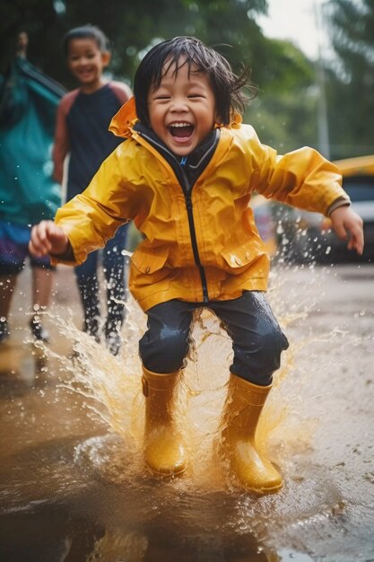 Bambini che si godono la felicità infantile giocando nella pozzanghera dopo la pioggia