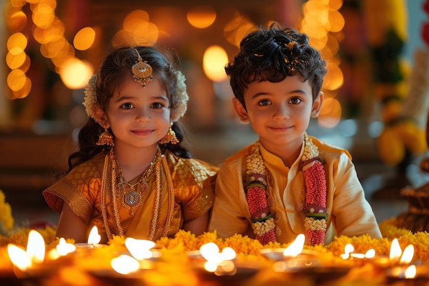 Bambini con vista frontale che celebrano il capodanno tamil