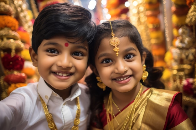 Bambini con vista frontale che celebrano il capodanno tamil