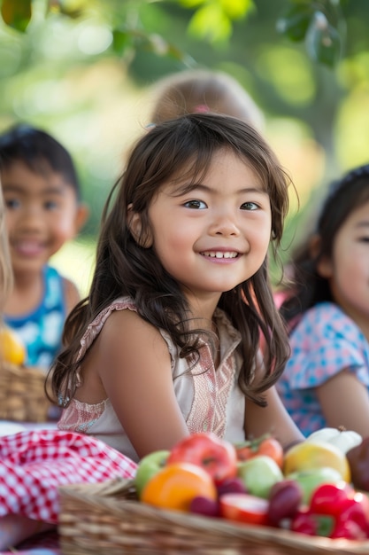 Bambini diversi che si godono la giornata di picnic