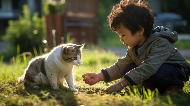 Bambino a figura intera che gioca con il cane