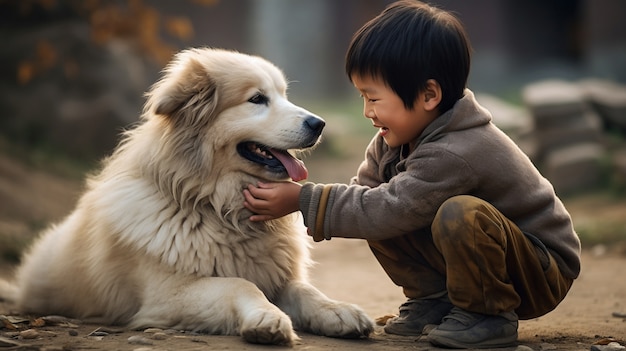 Bambino a figura intera che gioca con il cane