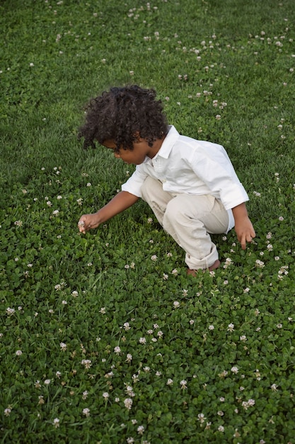 Bambino ad alto angolo che raccoglie fiori all'aperto