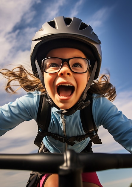 Bambino ad angolo basso che guida la bicicletta all'aperto