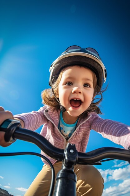 Bambino ad angolo basso in bicicletta all'aperto