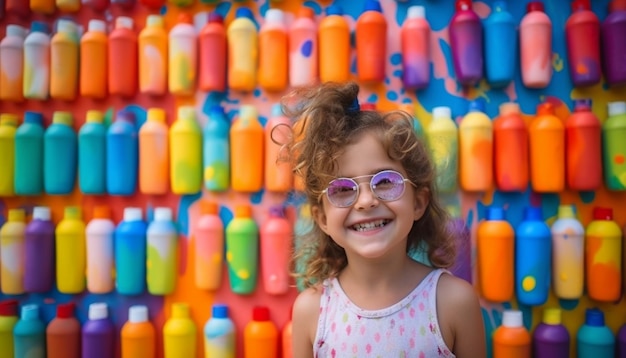 Bambino allegro che tiene una rinfrescante bottiglia d'acqua blu all'aperto generata dall'intelligenza artificiale