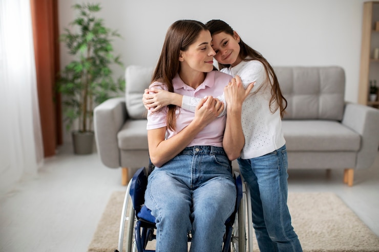 Foto gratuito bambino che aiuta la madre disabile