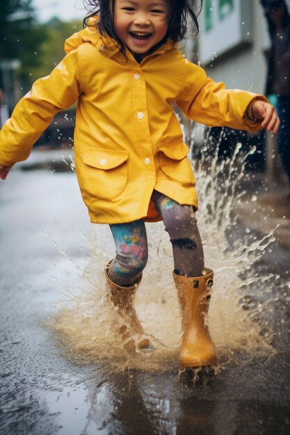 Bambino che si gode la felicità infantile giocando nella pozzanghera dopo la pioggia