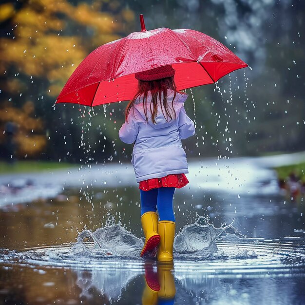 Bambino che si gode la felicità infantile giocando nella pozzanghera dopo la pioggia