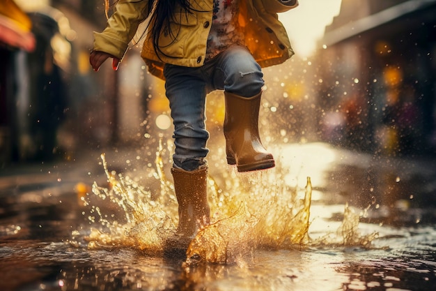 Bambino che si gode la felicità infantile giocando nella pozzanghera dopo la pioggia