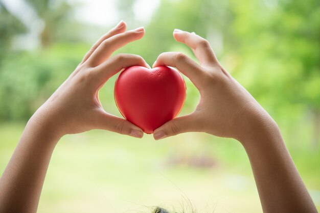 Bambino che tiene cuore di gomma rosso